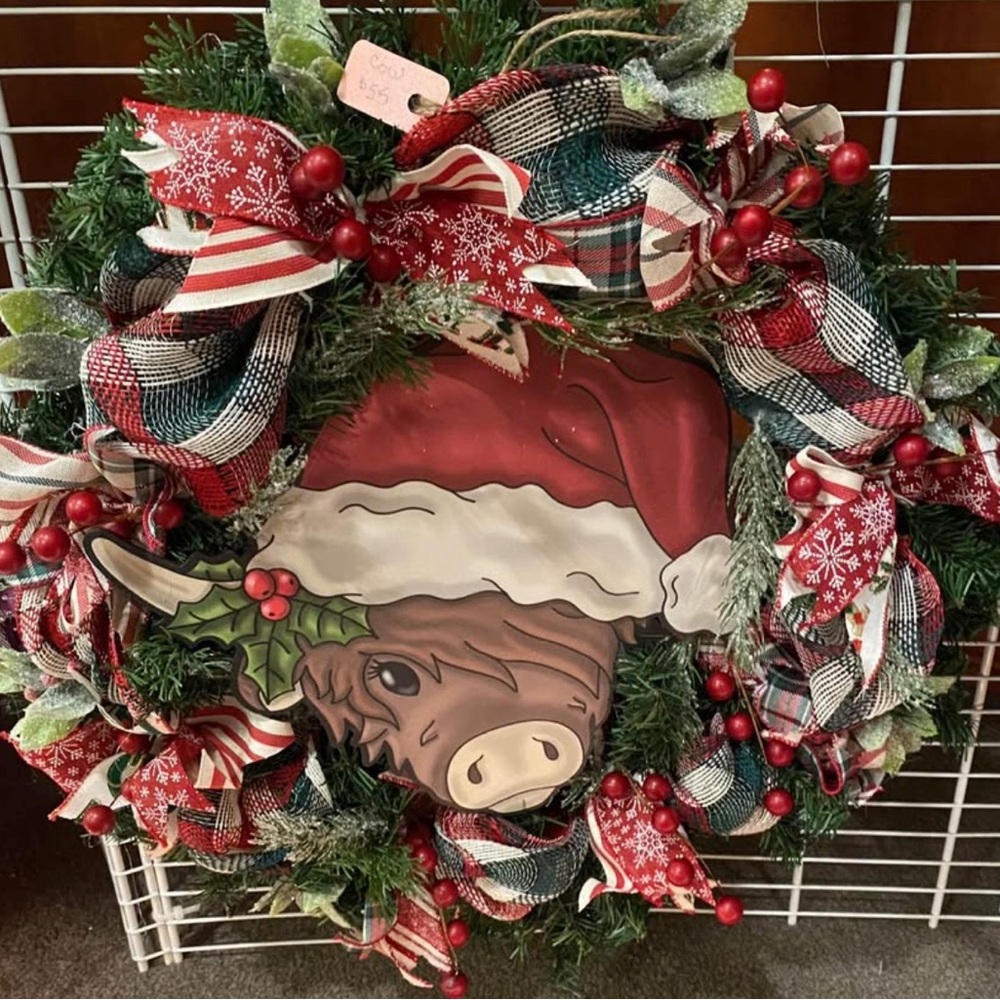 Festive Holiday Wreath with Highland Cow